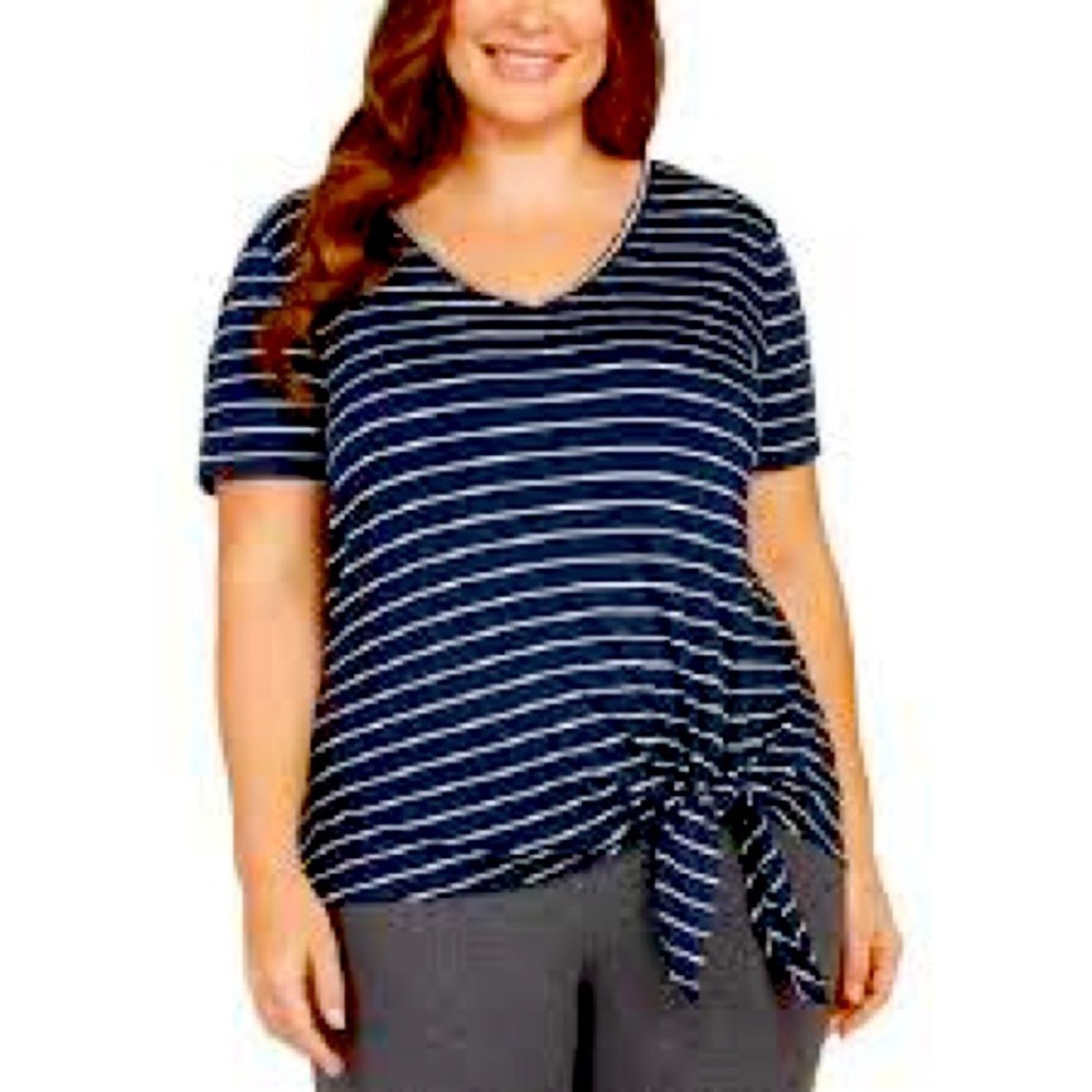 Matty M Navy Blue And White Stripe V Neck Side Knotted Pullover T-Shirt Large